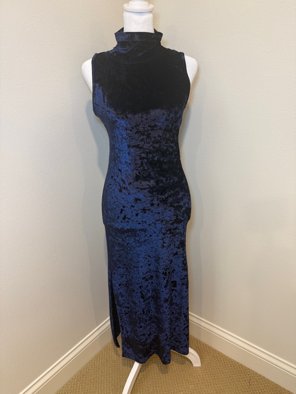 Caroline Constas Sleeveless Crushed Velvet Maxi Dress in Navy